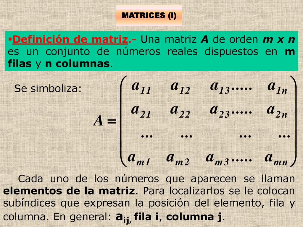 MATRICES (I) Definición de matriz.- Una matriz A de orden m x n es un conjunto de números reales dispuestos en m filas y n columnas.