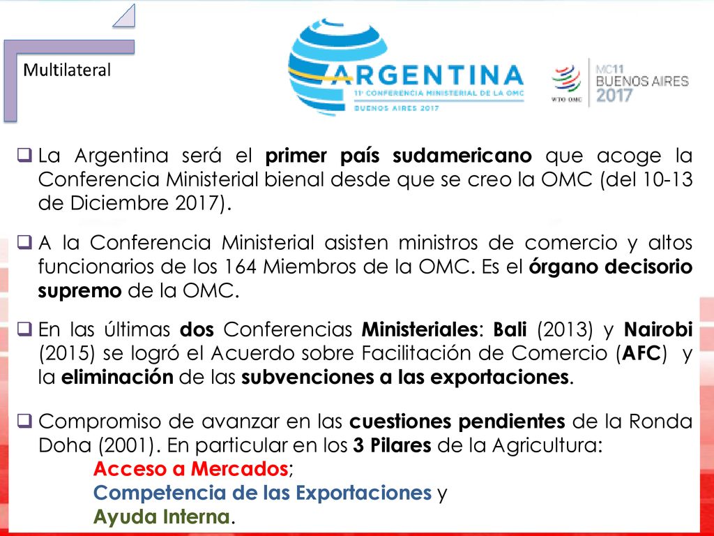 La Argentina será el primer país sudamericano que acoge la Conferencia Ministerial bienal desde que se creo la OMC (del de Diciembre 2017).