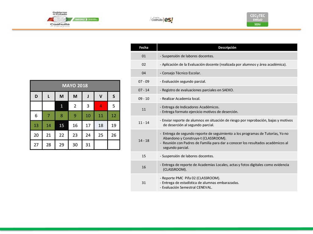 Fecha Descripción Suspensión de labores docentes Aplicación de la Evaluación docente (realizada por alumnos y área académica).
