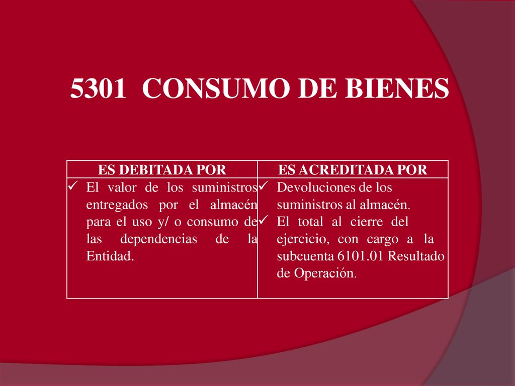 5301 CONSUMO DE BIENES ES DEBITADA POR ES ACREDITADA POR