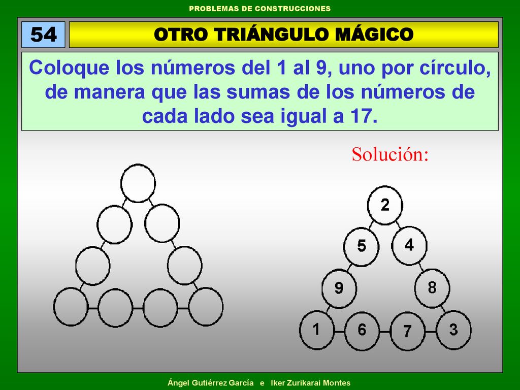 54 OTRO TRIÁNGULO MÁGICO. Coloque los números del 1 al 9, uno por círculo, de manera que las sumas de los números de cada lado sea igual a 17.