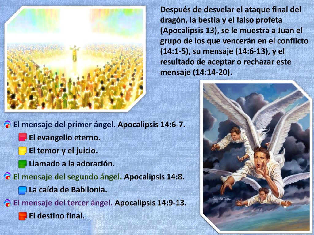 Después de desvelar el ataque final del dragón, la bestia y el falso profeta (Apocalipsis 13), se le muestra a Juan el grupo de los que vencerán en el conflicto (14:1-5), su mensaje (14:6-13), y el resultado de aceptar o rechazar este mensaje (14:14-20).