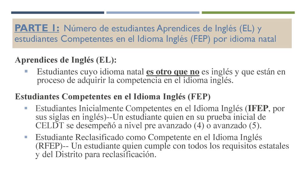 PARTE 1: Número de estudiantes Aprendices de Inglés (EL) y estudiantes Competentes en el Idioma Inglés (FEP) por idioma natal