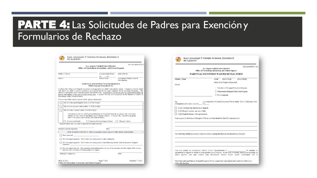 PARTE 4: Las Solicitudes de Padres para Exención y Formularios de Rechazo