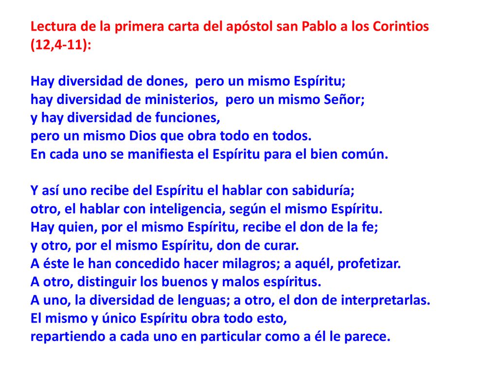Lectura de la primera carta del apóstol san Pablo a los Corintios (12,4-11):