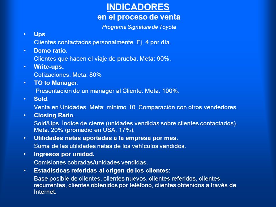 INDICADORES en el proceso de venta Programa Signature de Toyota
