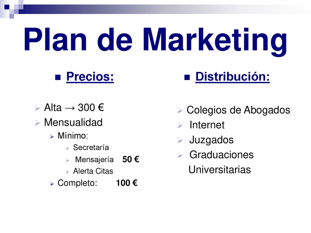 Plan de Marketing Precios: Distribución: Alta → 300 €
