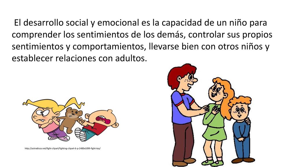 El desarrollo social y emocional es la capacidad de un niño para comprender los sentimientos de los demás, controlar sus propios sentimientos y comportamientos, llevarse bien con otros niños y establecer relaciones con adultos.