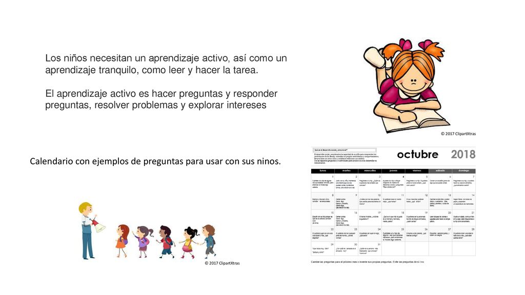 Calendario con ejemplos de preguntas para usar con sus ninos.