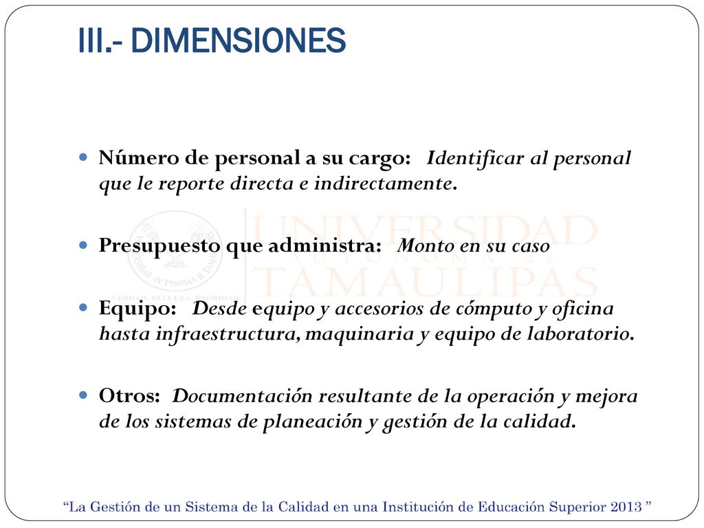 III.- DIMENSIONES Número de personal a su cargo: Identificar al personal que le reporte directa e indirectamente.