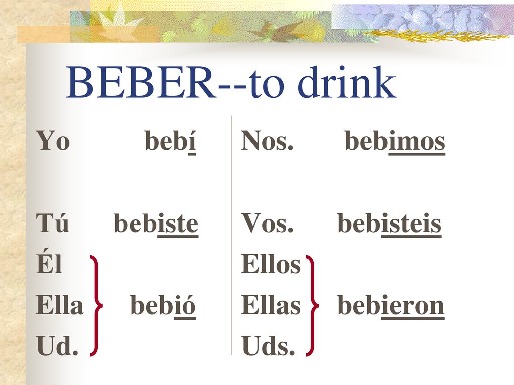 BEBER--to drink Yo bebí Tú bebiste Él Ella bebió Ud. Nos. bebimos