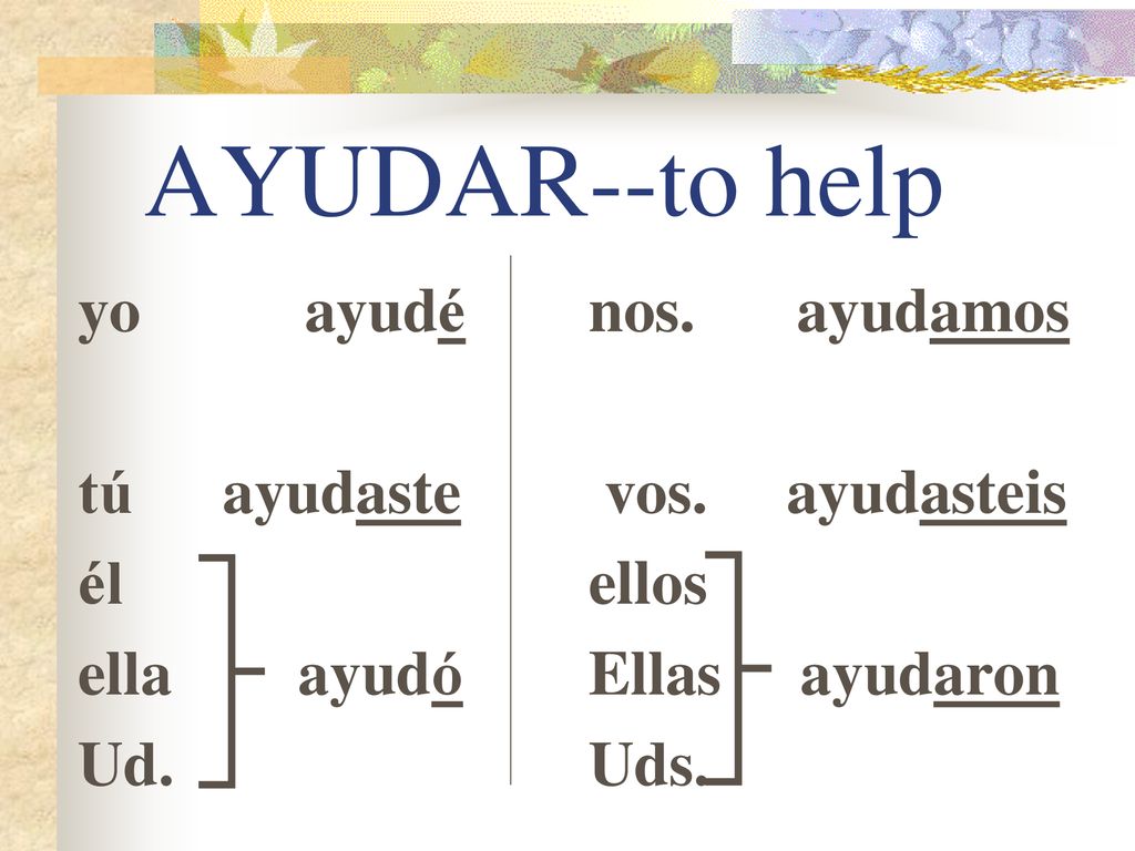 AYUDAR--to help yo ayudé tú ayudaste él ella ayudó Ud. nos. ayudamos