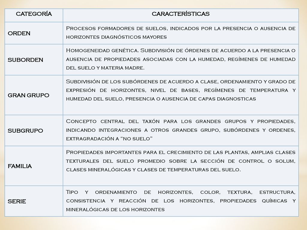 CATEGORÍA CARACTERÍSTICAS. ORDEN. Procesos formadores de suelos, indicados por la presencia o ausencia de horizontes diagnósticos mayores.