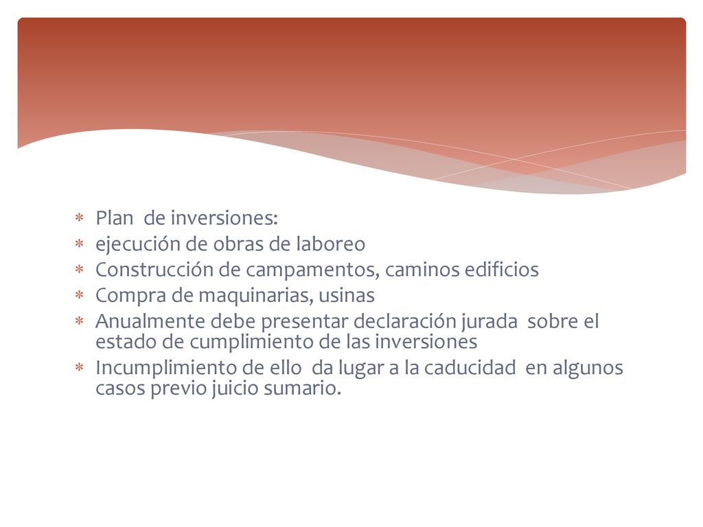 Plan de inversiones: ejecución de obras de laboreo. Construcción de campamentos, caminos edificios.