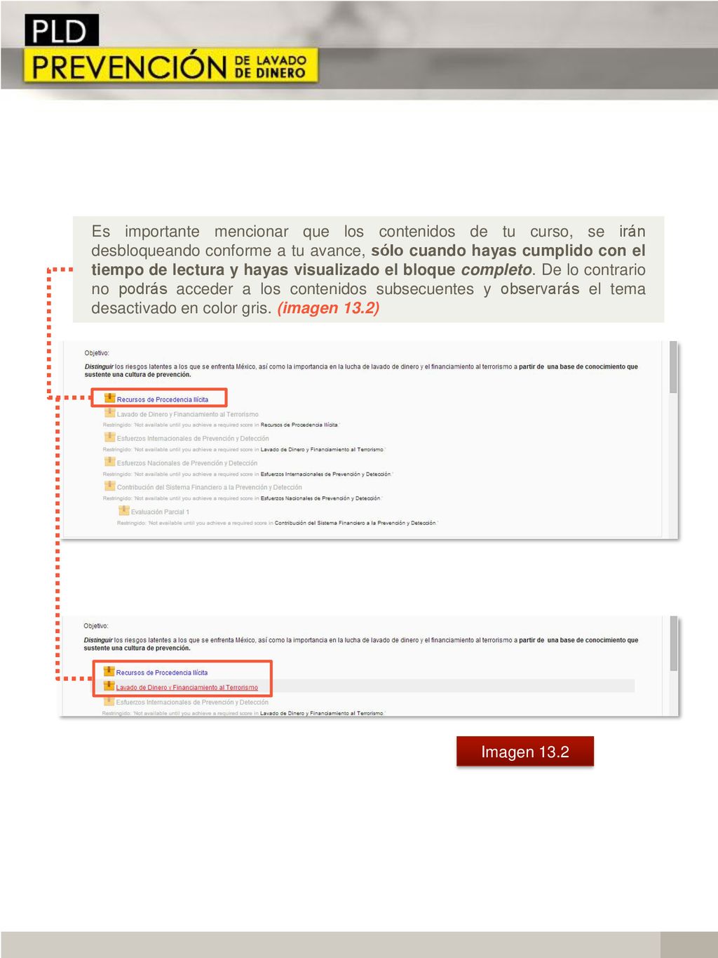 Es importante mencionar que los contenidos de tu curso, se irán desbloqueando conforme a tu avance, sólo cuando hayas cumplido con el tiempo de lectura y hayas visualizado el bloque completo. De lo contrario no podrás acceder a los contenidos subsecuentes y observarás el tema desactivado en color gris. (imagen 13.2)