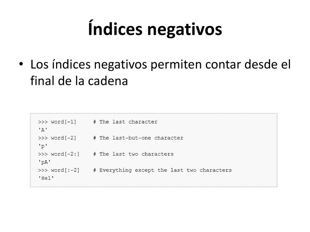 Índices negativos Los índices negativos permiten contar desde el final de la cadena