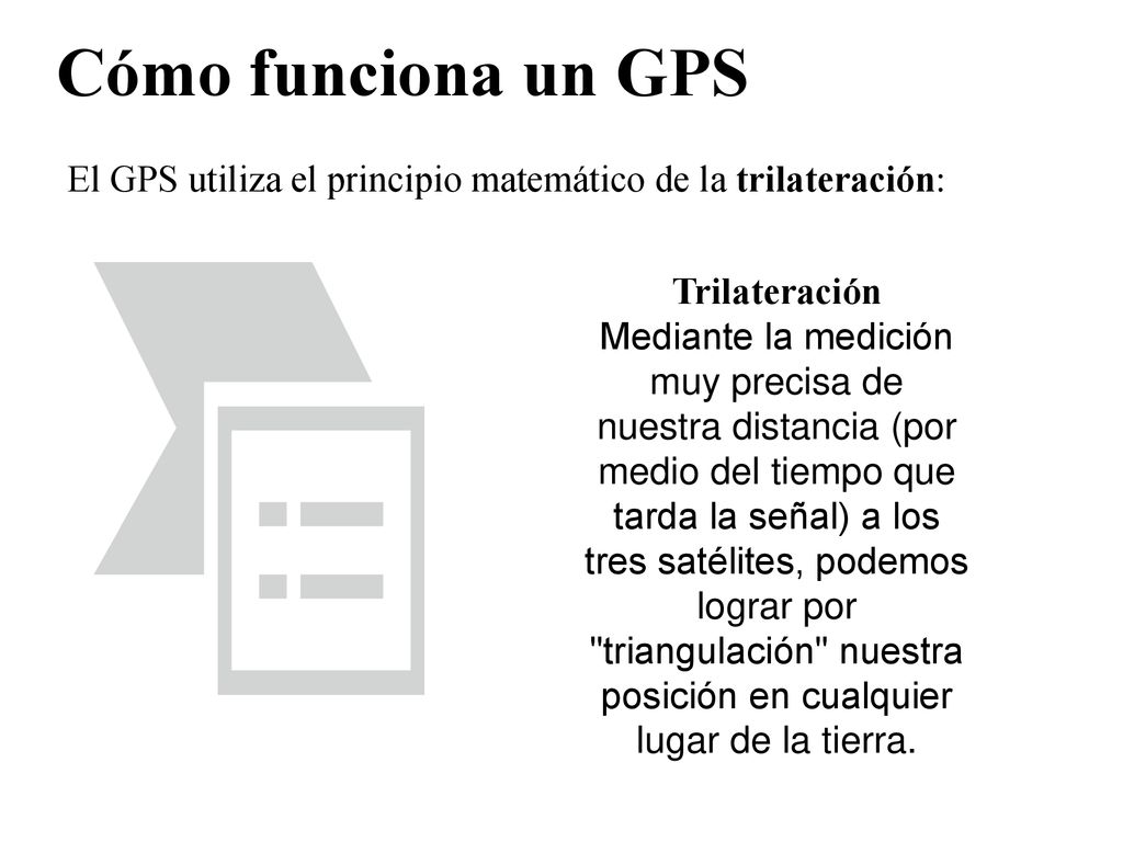 Cómo funciona un GPS El GPS utiliza el principio matemático de la trilateración: