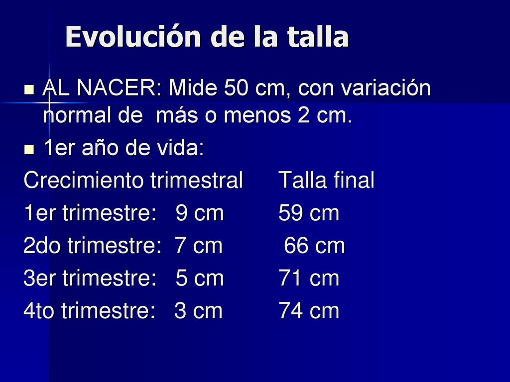 Evolución de la talla AL NACER: Mide 50 cm, con variación normal de más o menos 2 cm. 1er año de vida:
