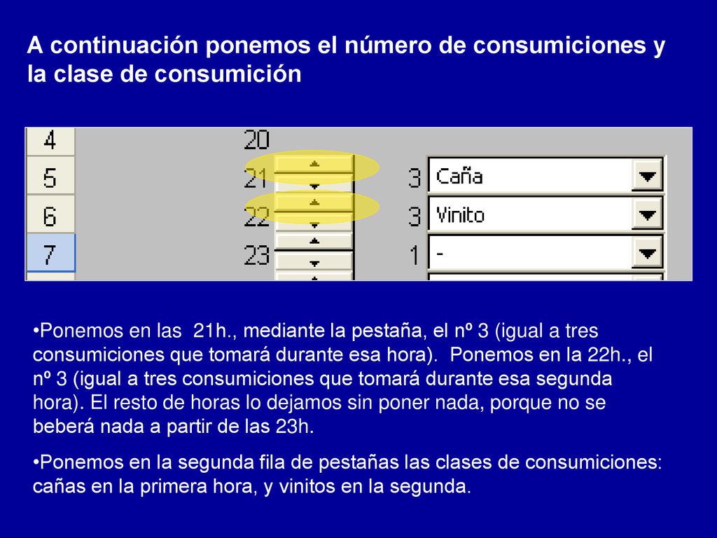 A continuación ponemos el número de consumiciones y la clase de consumición