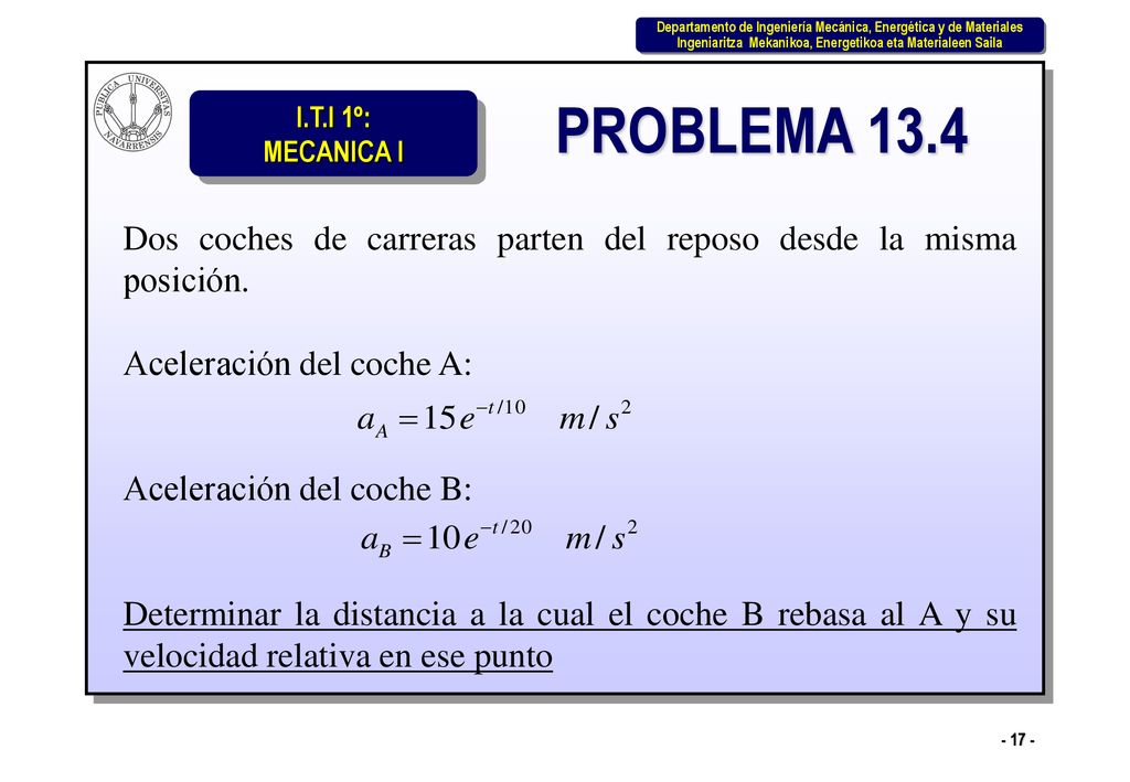 PROBLEMA 13.4 Dos coches de carreras parten del reposo desde la misma posición. Aceleración del coche A: