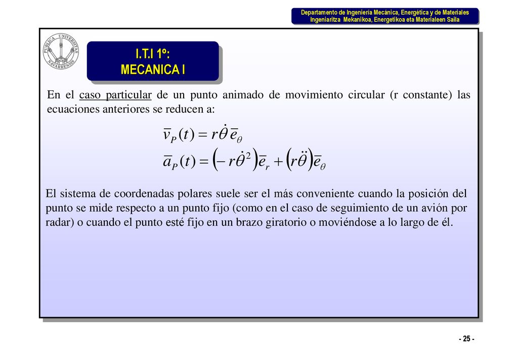 En el caso particular de un punto animado de movimiento circular (r constante) las ecuaciones anteriores se reducen a: