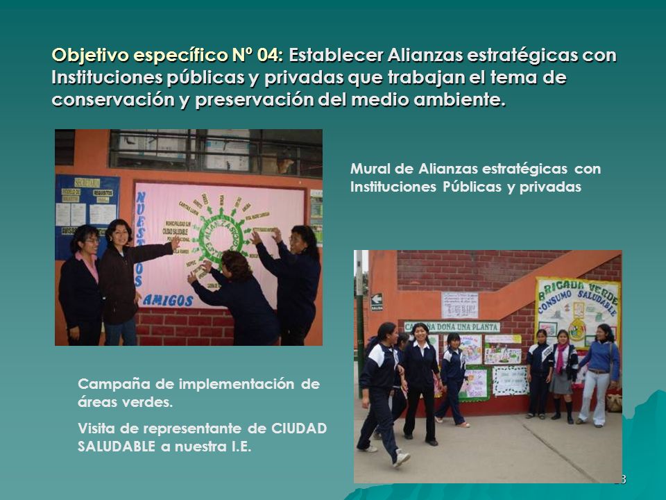 Objetivo específico Nº 04: Establecer Alianzas estratégicas con Instituciones públicas y privadas que trabajan el tema de conservación y preservación del medio ambiente.