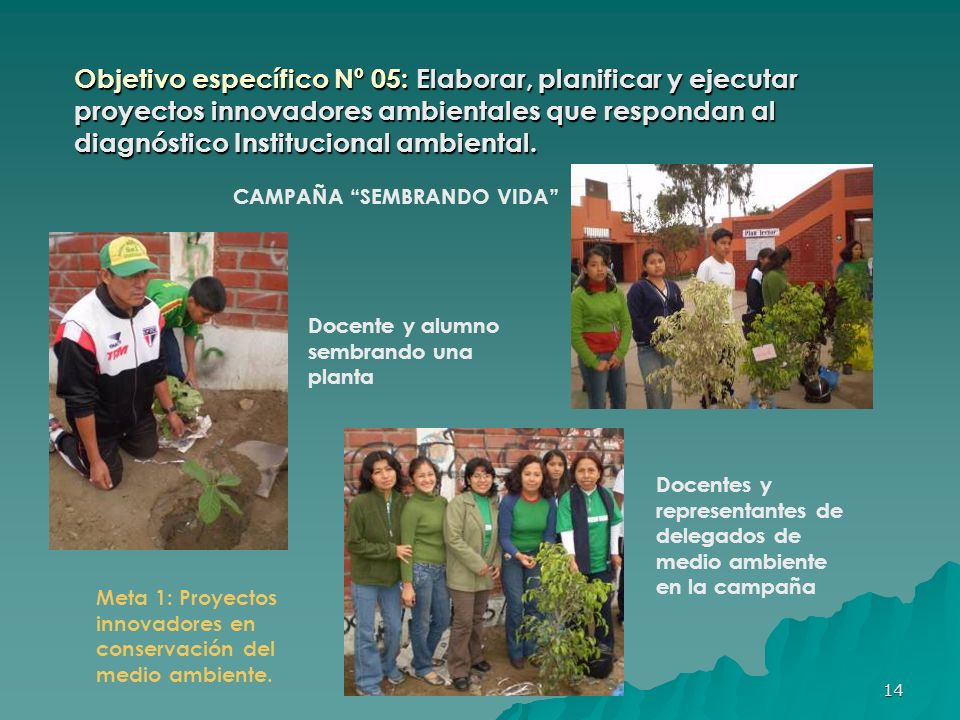 Objetivo específico Nº 05: Elaborar, planificar y ejecutar proyectos innovadores ambientales que respondan al diagnóstico Institucional ambiental.