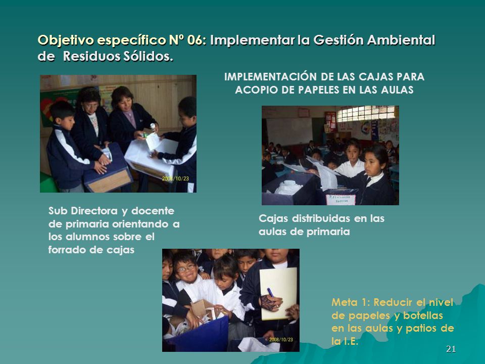 IMPLEMENTACIÓN DE LAS CAJAS PARA ACOPIO DE PAPELES EN LAS AULAS