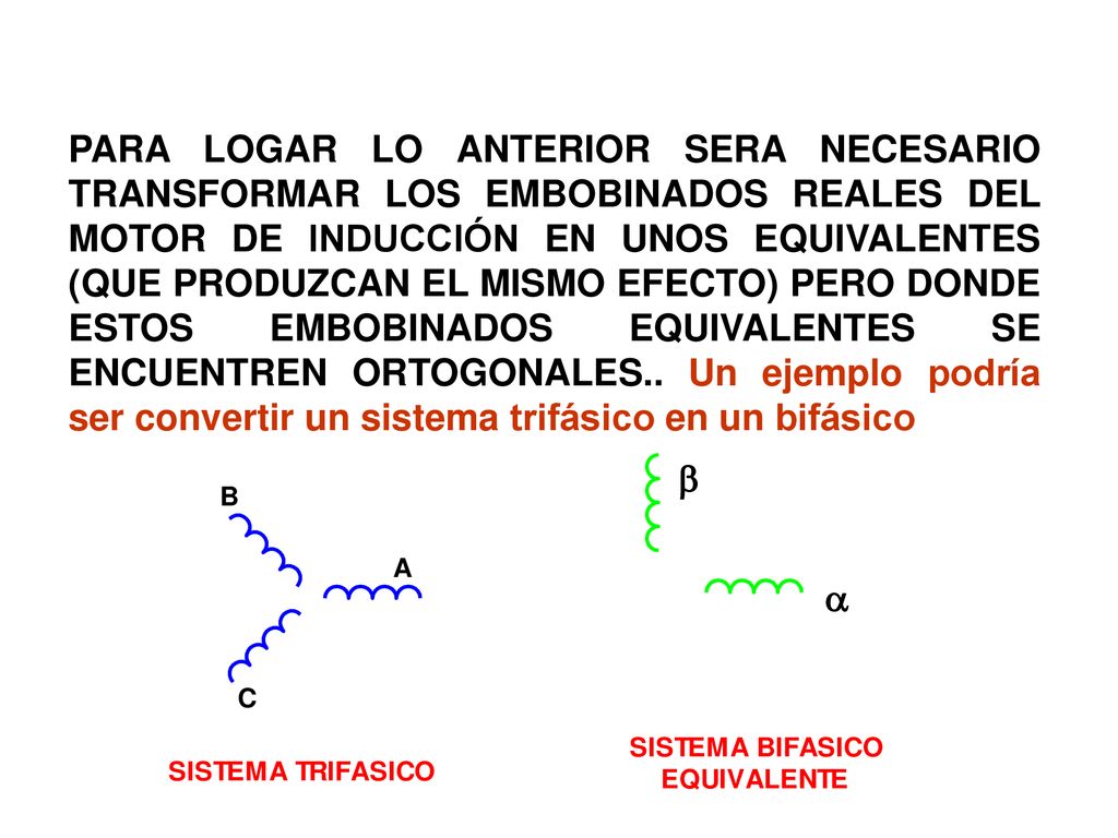 PARA LOGAR LO ANTERIOR SERA NECESARIO TRANSFORMAR LOS EMBOBINADOS REALES DEL MOTOR DE INDUCCIÓN EN UNOS EQUIVALENTES (QUE PRODUZCAN EL MISMO EFECTO) PERO DONDE ESTOS EMBOBINADOS EQUIVALENTES SE ENCUENTREN ORTOGONALES..