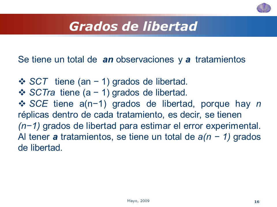 Grados de libertad Se tiene un total de an observaciones y a tratamientos. SCT tiene (an − 1) grados de libertad.