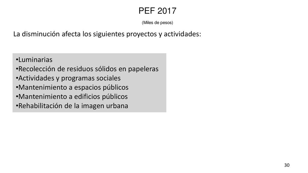 PEF 2017 La disminución afecta los siguientes proyectos y actividades: