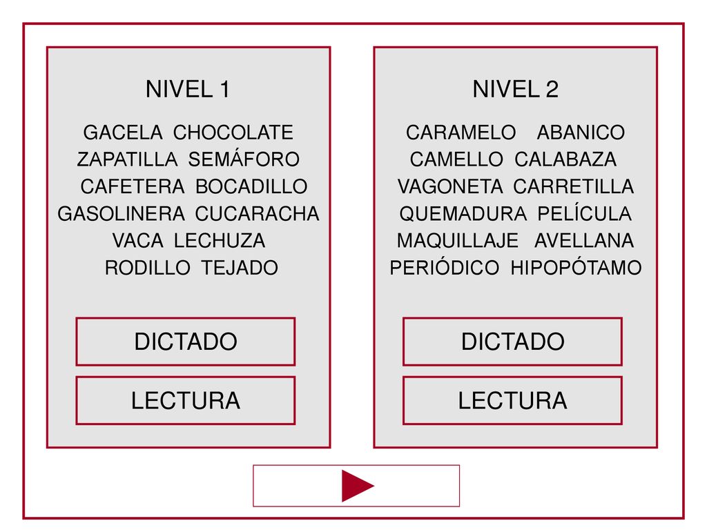NIVEL 1 NIVEL 2 DICTADO DICTADO LECTURA LECTURA GACELA CHOCOLATE