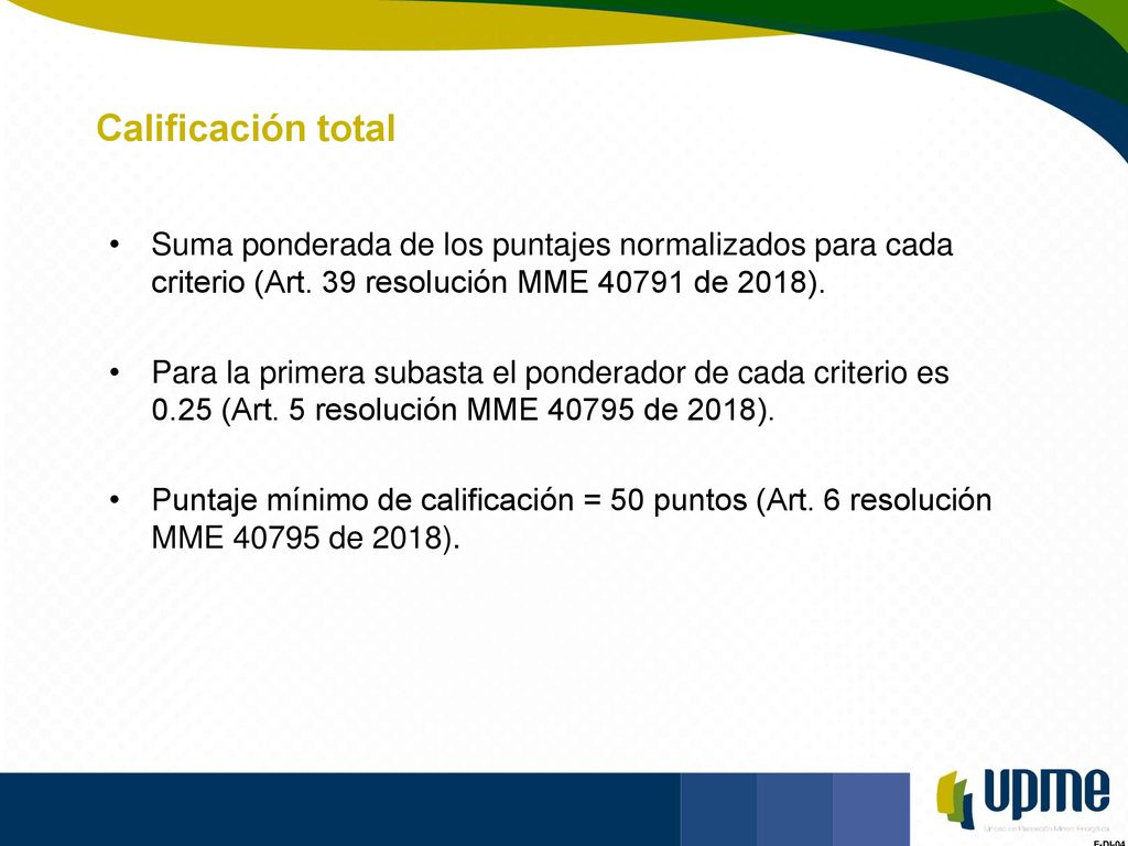 Calificación total Suma ponderada de los puntajes normalizados para cada criterio (Art. 39 resolución MME de 2018).