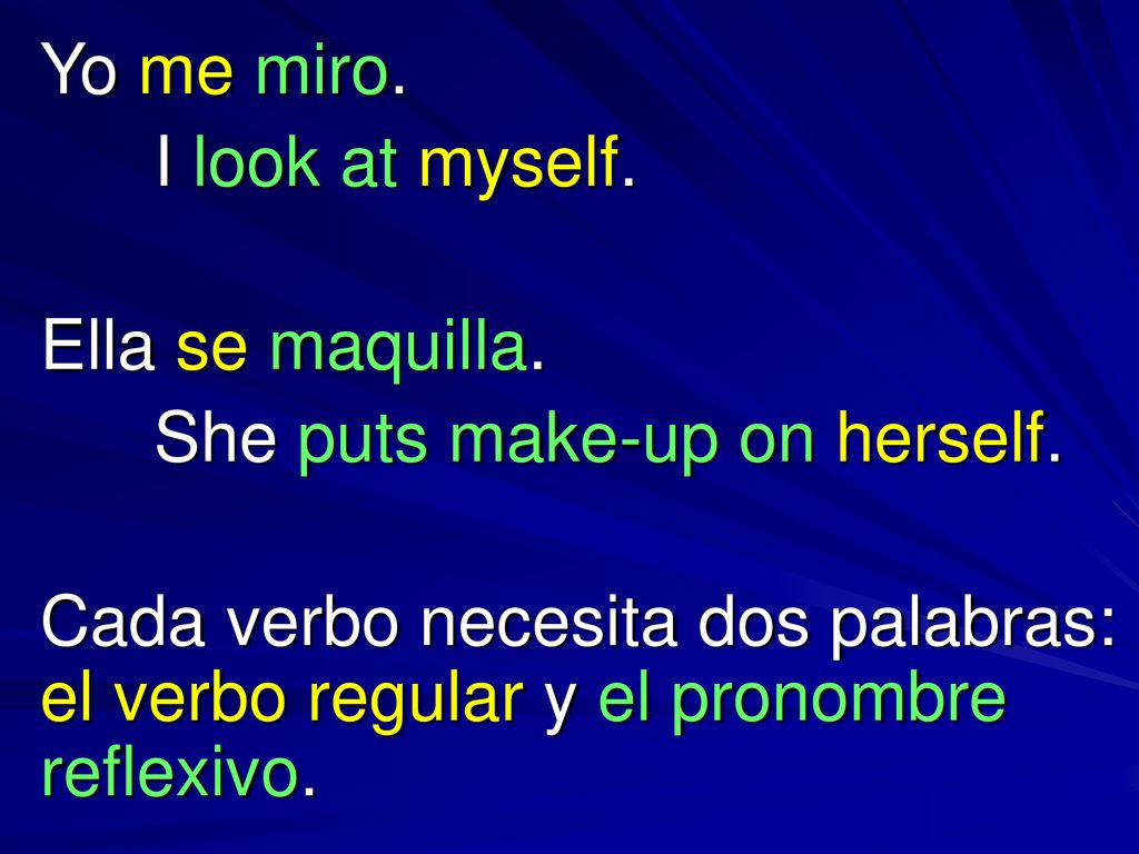 Yo me miro. I look at myself. Ella se maquilla. She puts make-up on herself.