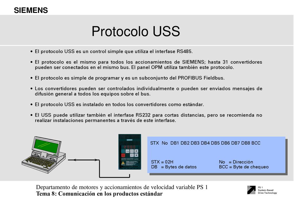 Protocolo USS El protocolo USS es un control simple que utiliza el interfase RS485.
