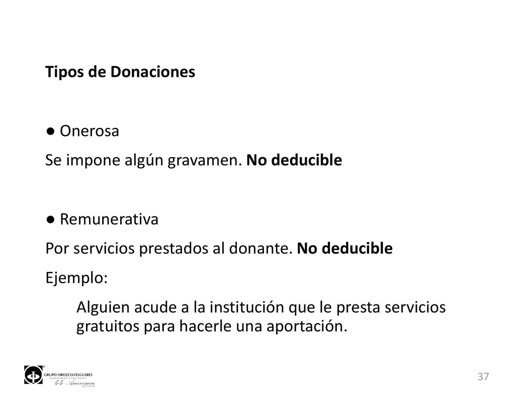Tipos de Donaciones ● Onerosa. Se impone algún gravamen. No deducible. ● Remunerativa. Por servicios prestados al donante. No deducible.