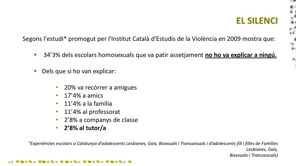 EL SILENCI Segons l estudi* promogut per l Institut Català d Estudis de la Violència en 2009 mostra que: