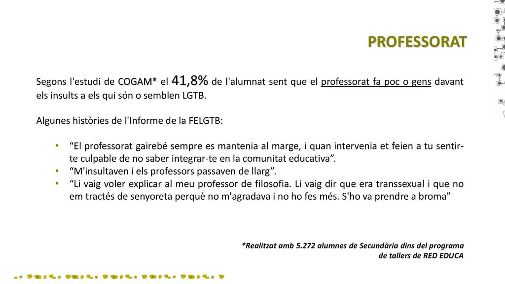 PROFESSORAT Segons l estudi de COGAM* el 41,8% de l alumnat sent que el professorat fa poc o gens davant els insults a els qui són o semblen LGTB.