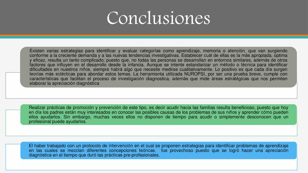 Existen varias estrategias para identificar y evaluar categorías como aprendizaje, memoria o atención, que van surgiendo conforme a la creciente demanda y a las nuevas tendencias investigativas. Establecer cuál de ellas es la más apropiada, optima y eficaz, resulta un tanto complicado; puesto que, no todas las personas se desarrollan en entornos similares, además de otros factores que influyen en el desarrollo desde la infancia. Aunque se intente estandarizar un método o técnica para identificar dificultades en nuestros niños, siempre habrá algo que necesite medirse cualitativamente. Lo positivo es que cada día surgen teorías más eclécticas para abordar estos temas. La herramienta utilizada NUROPSI, por ser una prueba breve, cumple con características que facilitan el proceso de investigación diagnostica, además que mide áreas estratégicas que nos permiten elaborar la apreciación diagnóstica
