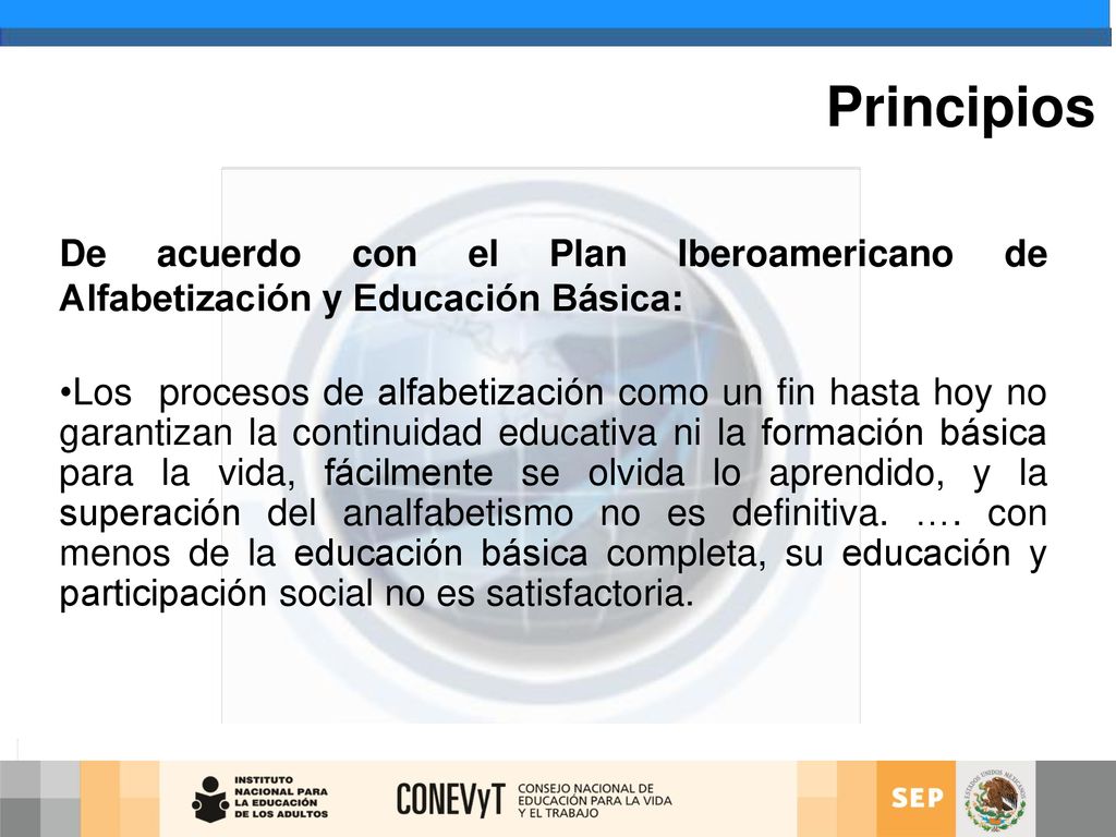 Principios De acuerdo con el Plan Iberoamericano de Alfabetización y Educación Básica: