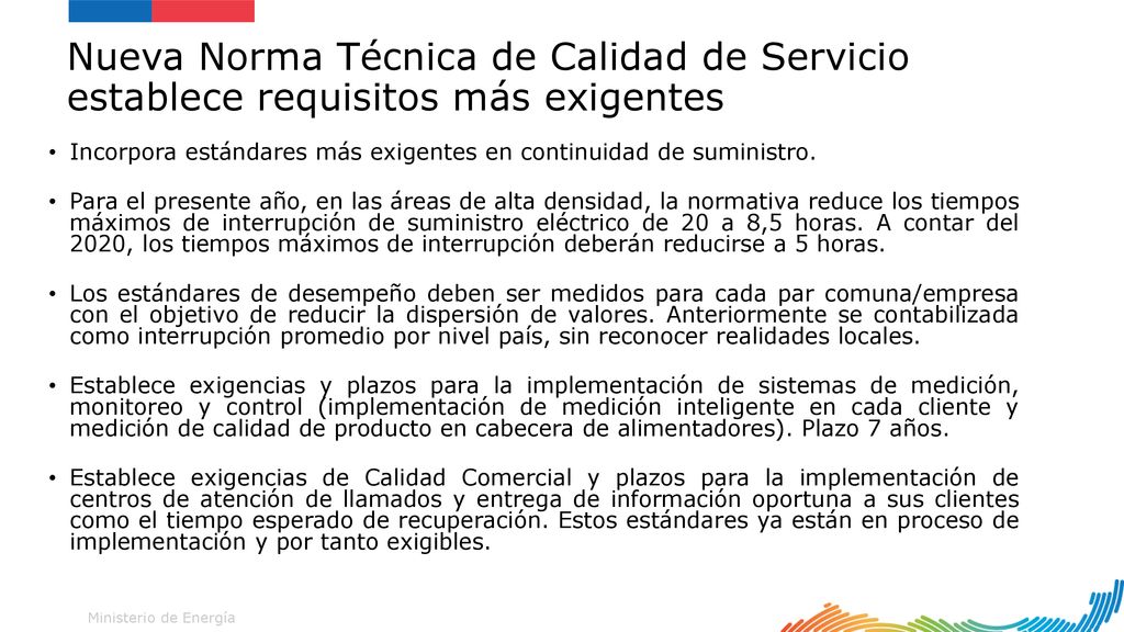 Ministerio de Energía Nueva Norma Técnica de Calidad de Servicio establece requisitos más exigentes.