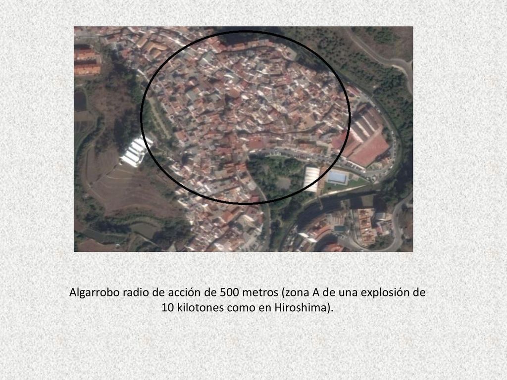 Algarrobo radio de acción de 500 metros (zona A de una explosión de 10 kilotones como en Hiroshima).