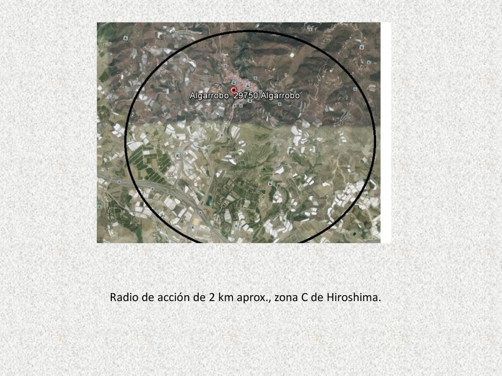 Radio de acción de 2 km aprox., zona C de Hiroshima.