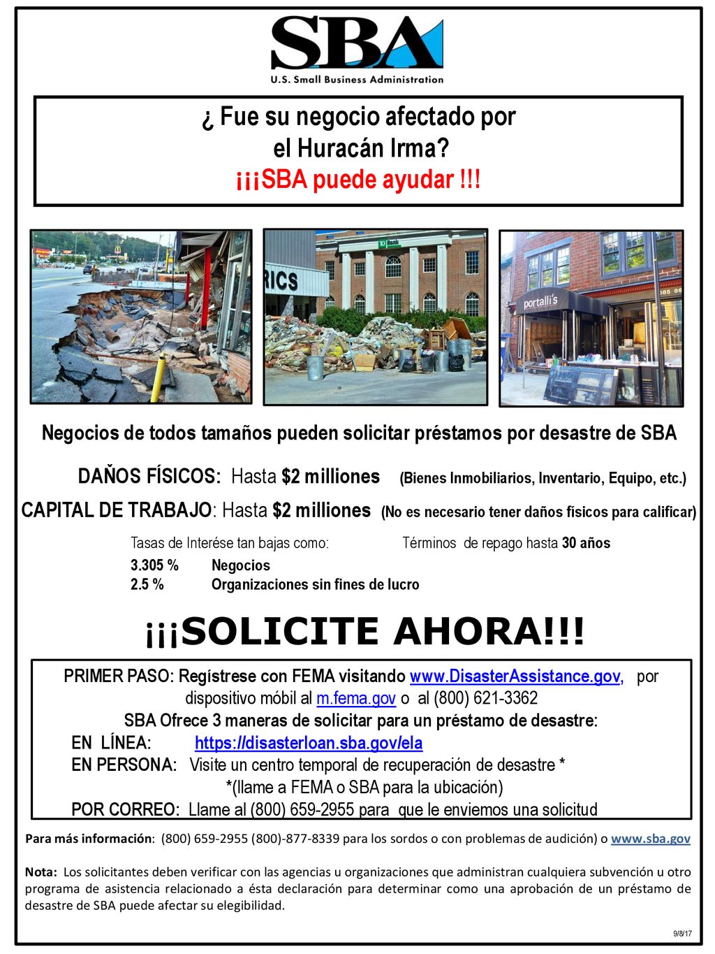 ¿ Fue su negocio afectado por el Huracán Irma ¡¡¡SBA puede ayudar !!!