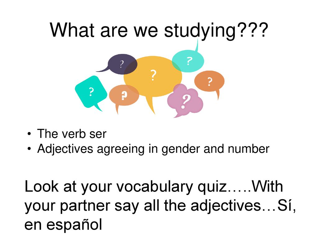 What are we studying The verb ser. Adjectives agreeing in gender and number.