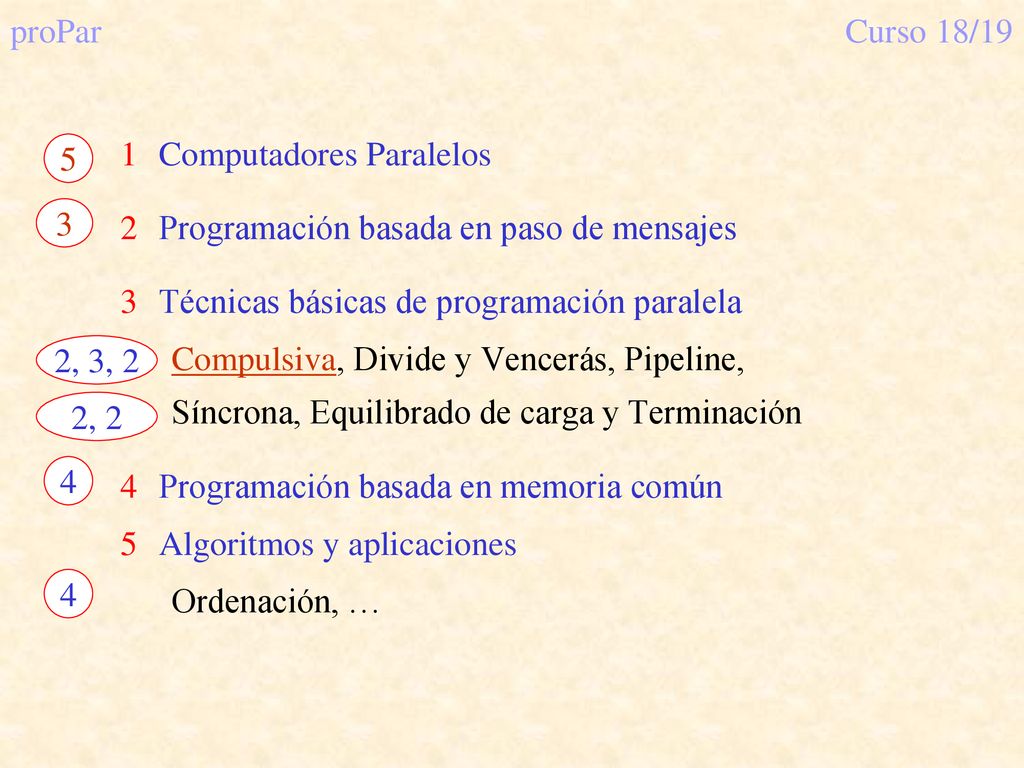proPar Curso 18/ , 3, 2. 2, Computadores Paralelos. Programación basada en paso de mensajes.