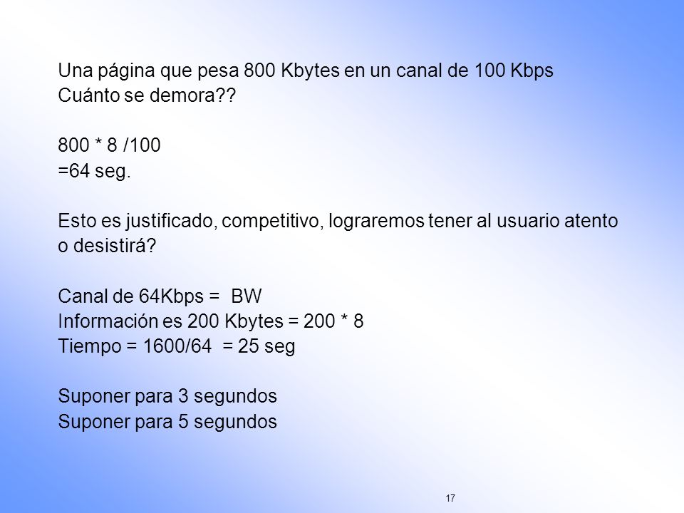 Una página que pesa 800 Kbytes en un canal de 100 Kbps