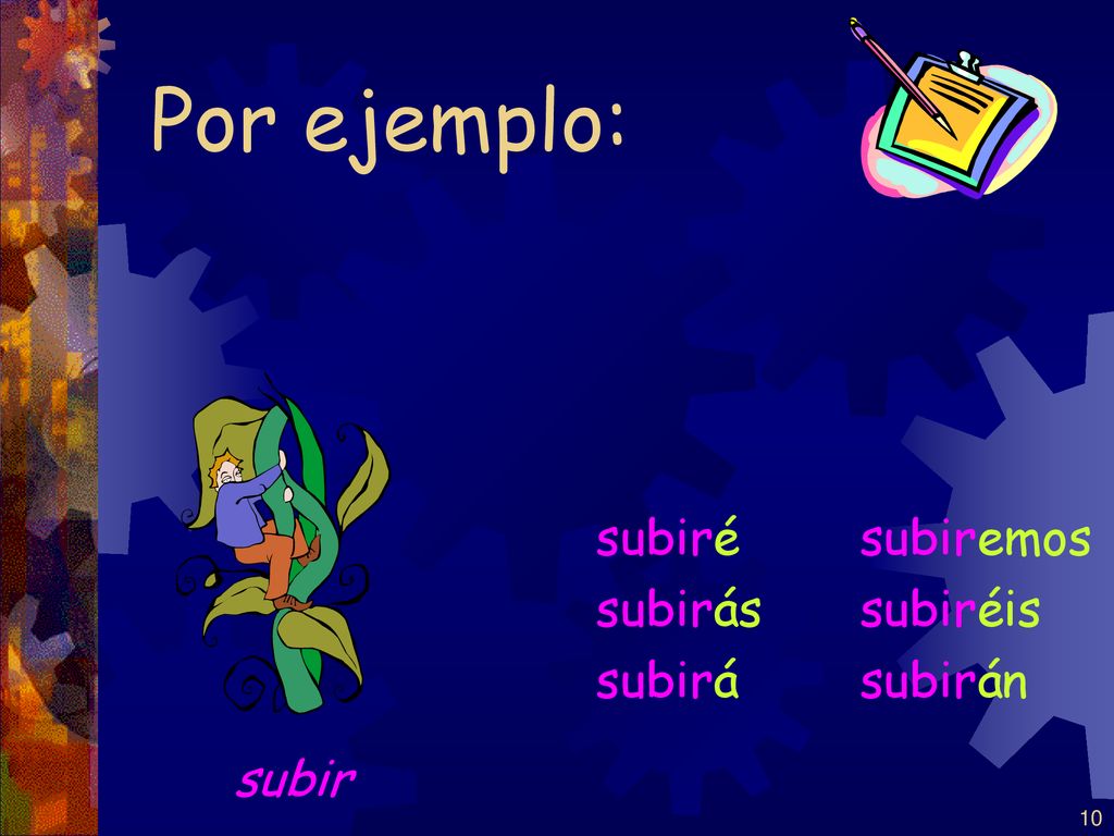 Por ejemplo: subiré subirás subirá subiremos subiréis subirán subir