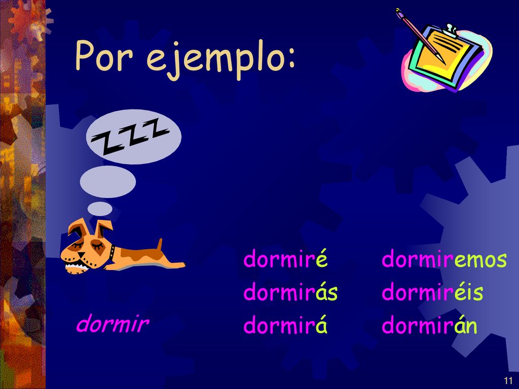 Por ejemplo: dormiré dormirás dormirá dormiremos dormiréis dormirán