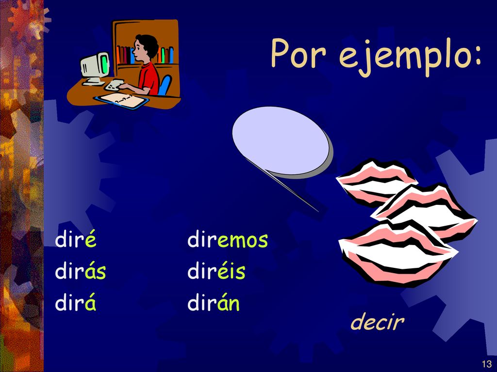 Por ejemplo: diré dirás dirá diremos diréis dirán decir